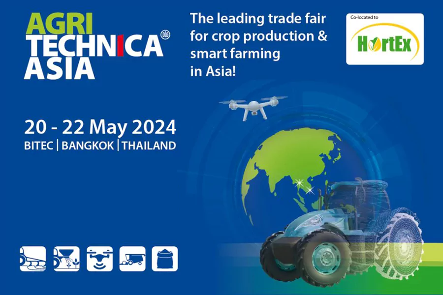The picture shows the promotional poster for AGRI ASIA 2024, indicating an exhibition period from May 20th to 22nd, 2024. The exhibition venue is BITEC in Bangkok, Thailand.