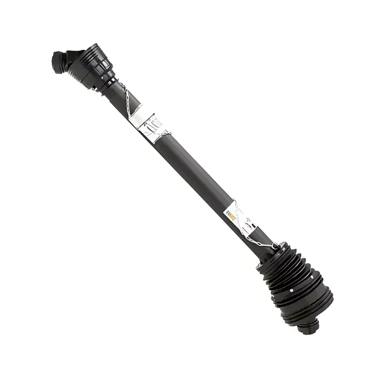 The picture is a white background image of a black PTO Shaft with wide angle joint and a cover.