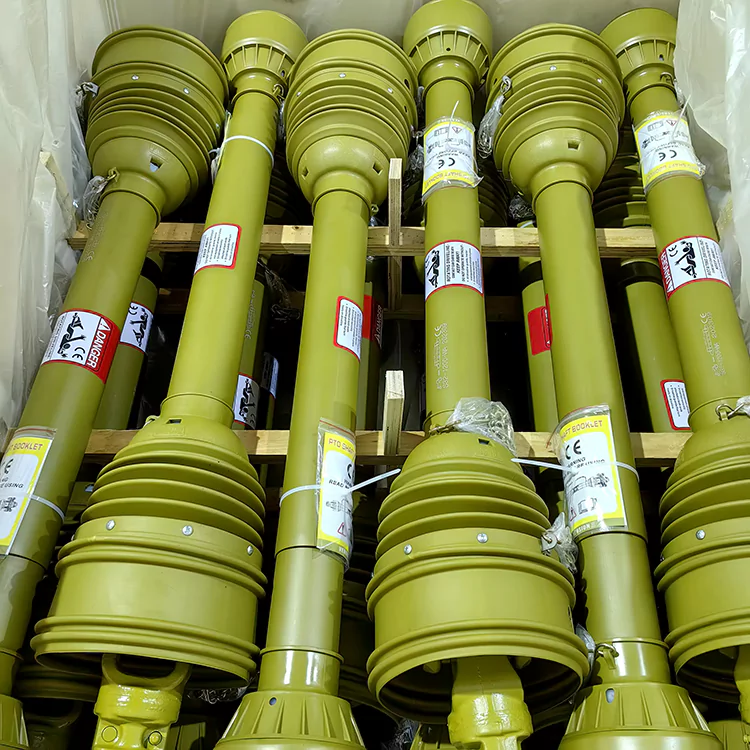 The picture shows the neatly arranged pto shafts with covers in a wooden crate