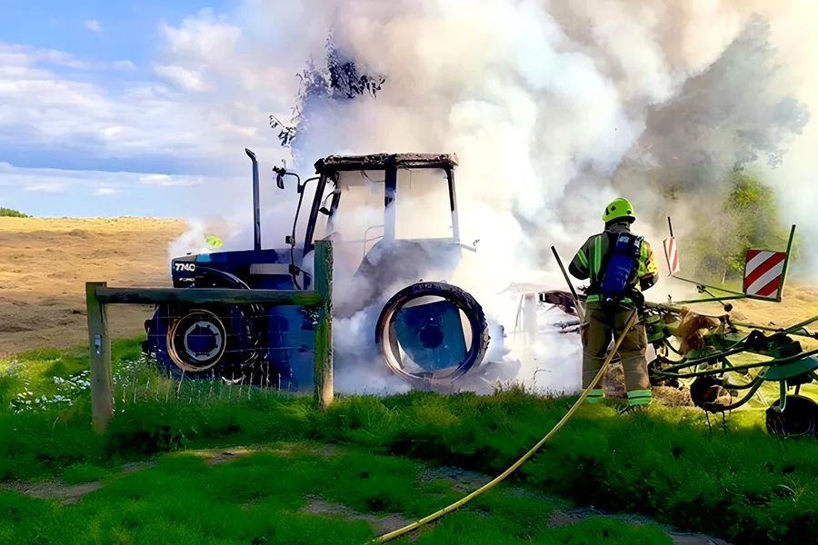 The tractor caught fire due to overheating