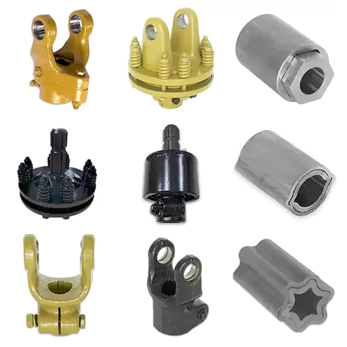 PTO SHAFT PARTS including universal joints, yokes, tube, torque limiter, shield, adapter and universal Coupling.