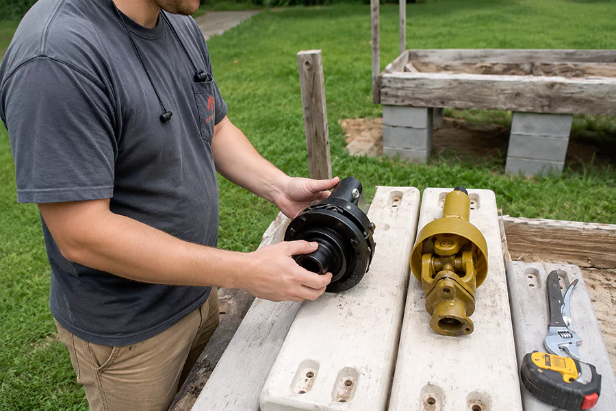 The picture shows a man presenting a transmission shaft with a clutch and another transmission shaft with a shear bolt torque limiter.